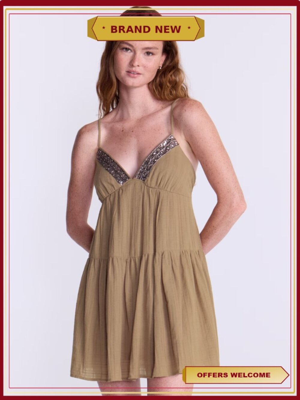 Embellished Trapeze Cotton Dress V-Neck Swing Casual